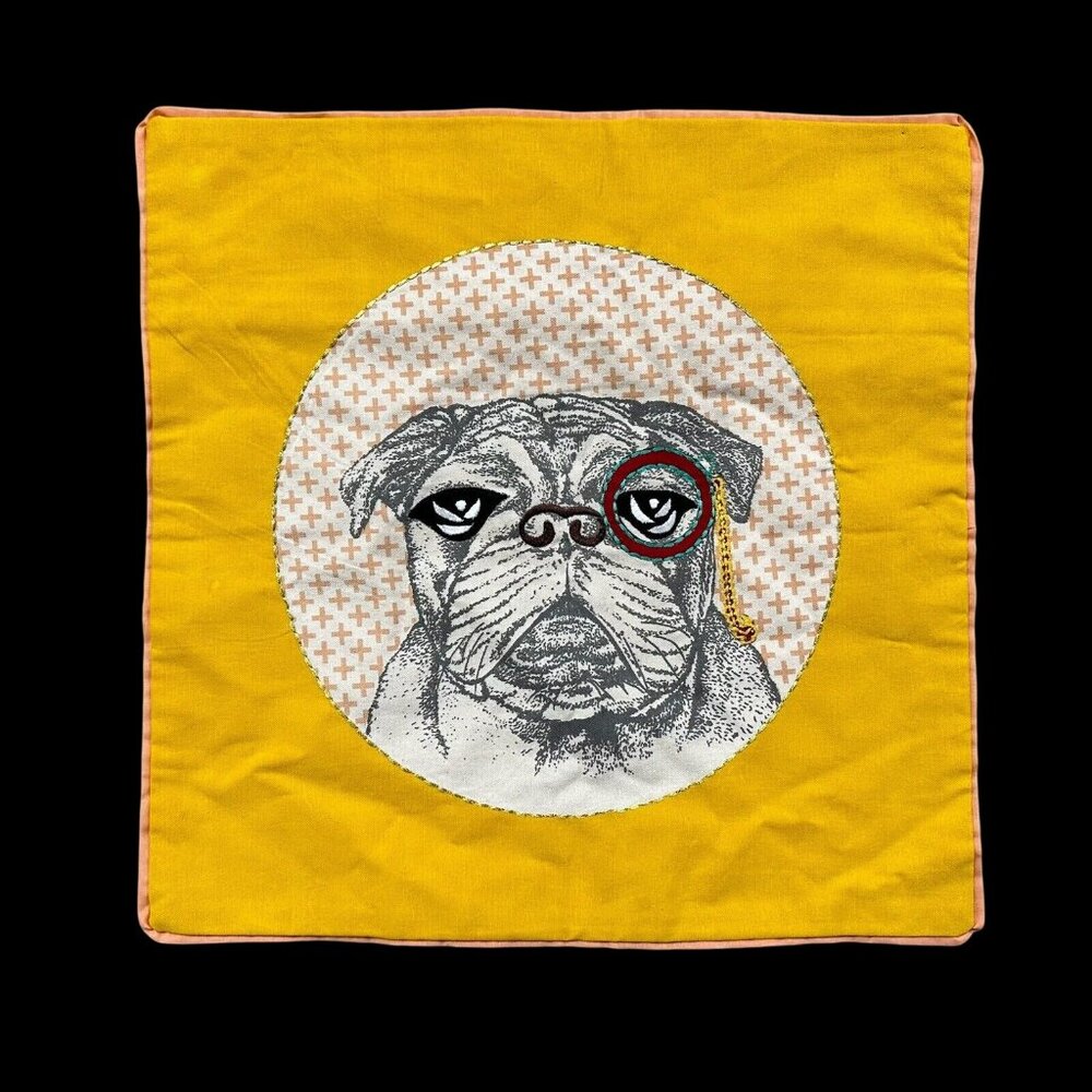 Decorative Bulldog Monocle Pillow Cover Yellow Cotton Kitschy Embroidered Dog - Picture 2 of 10